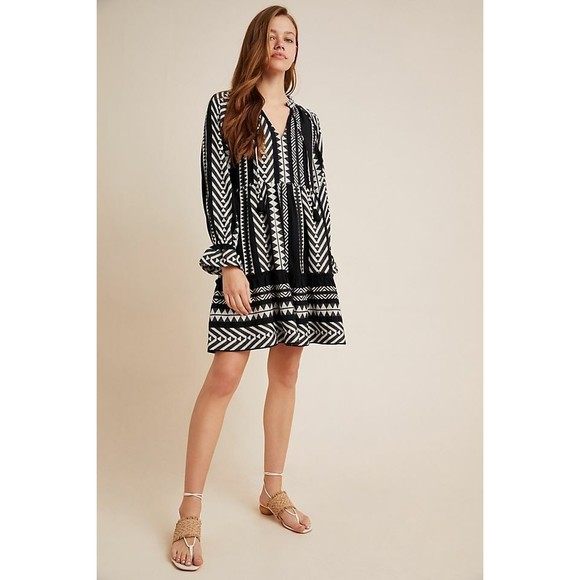 Anthropologie Maeve Tunic Dress Small Black White Tassels Boho Dominique Cotton - Picture 2 of 12